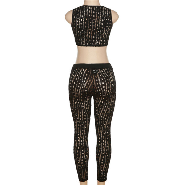 Sexy Hollow Hole High Waist Body Tank Casual Sports Pants Set
