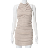 Solid halterneck pleated open back casual lace-up short dress