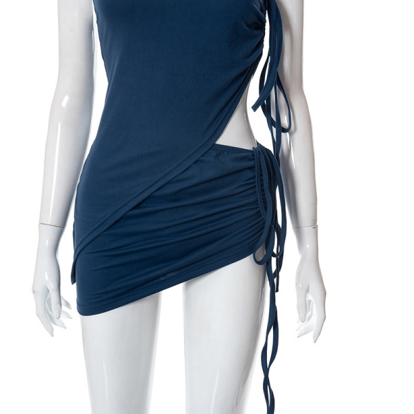Women's Solid Color One Shoulder Vest Drawstring Irregular Short Skirt Suit