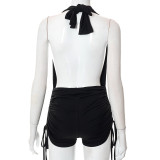 Solid color sleeveless sexy halter neck deep V drawstring casual shorts jumpsuit women