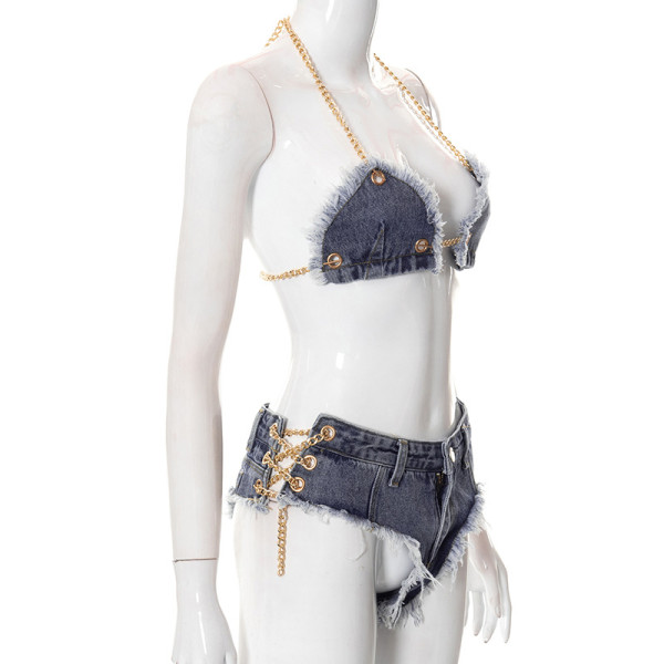 Chain halter neck navel sexy denim hot pants casual suit