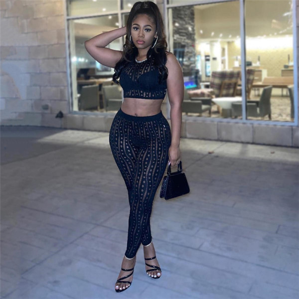 Sexy Hollow Hole High Waist Body Tank Casual Sports Pants Set