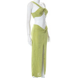 Solid Color Sexy Irregular One-shoulder Wrapped Chest Slit Skirt Women