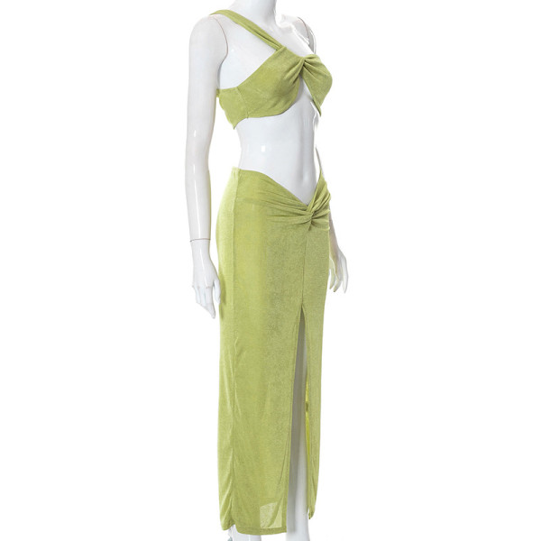 Solid Color Sexy Irregular One-shoulder Wrapped Chest Slit Skirt Women