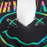 Printed Hip Hop Street Slit Fringe Short Sleeve T-Shirt
