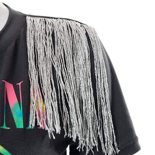 Printed Hip Hop Street Slit Fringe Short Sleeve T-Shirt