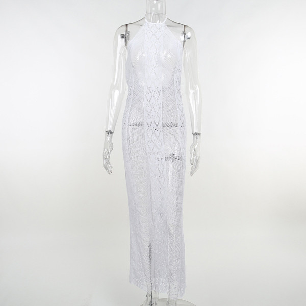 Fringe knitted hollow backless beach holiday dress fashion sexy see-through long skirt women