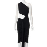 Irregular one-shoulder sexy open-waist pleated one-step skirt