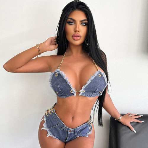 Chain halter neck navel sexy denim hot pants casual suit