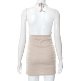 Solid halterneck pleated open back casual lace-up short dress