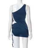 Women's Solid Color One Shoulder Vest Drawstring Irregular Short Skirt Suit