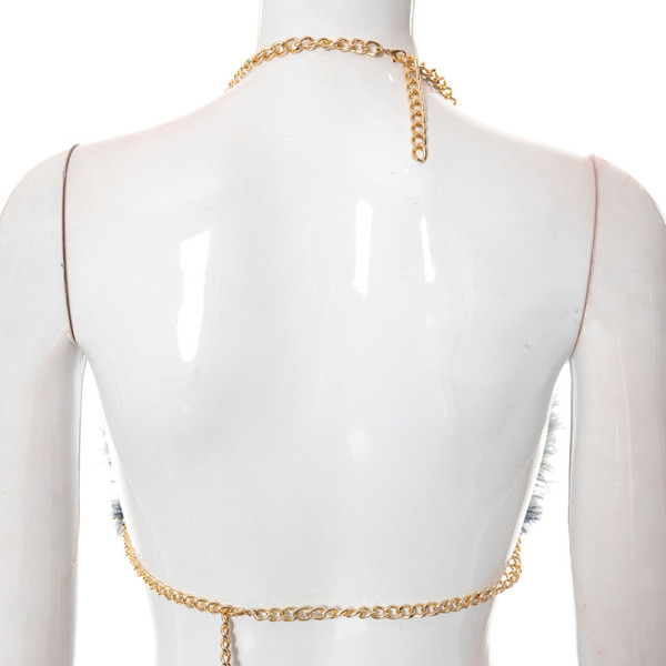 Chain halter neck navel sexy denim hot pants casual suit