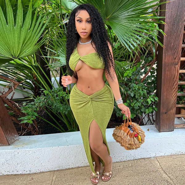 Solid Color Sexy Irregular One-shoulder Wrapped Chest Slit Skirt Women