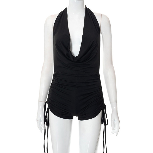 Solid color sleeveless sexy halter neck deep V drawstring casual shorts jumpsuit women