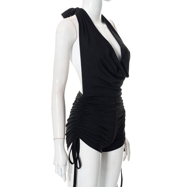 Solid color sleeveless sexy halter neck deep V drawstring casual shorts jumpsuit women