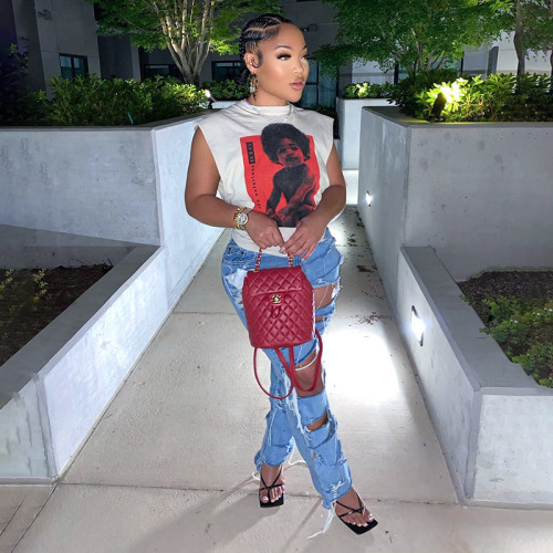 Printed Loose Sleeveless Cropped Athleisure Top