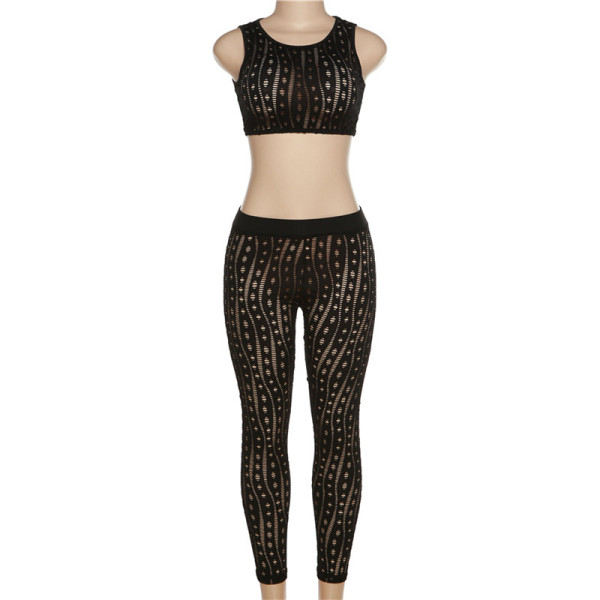 Sexy Hollow Hole High Waist Body Tank Casual Sports Pants Set