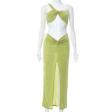 Solid Color Sexy Irregular One-shoulder Wrapped Chest Slit Skirt Women