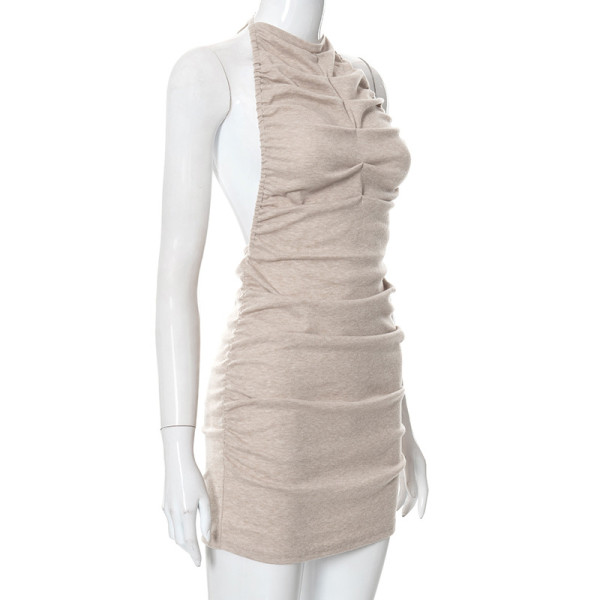 Solid halterneck pleated open back casual lace-up short dress