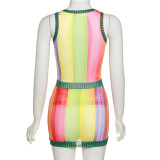 Sexy Hollow Perspective Mesh Splicing Vest High Waist Casual Short Skirt Suit