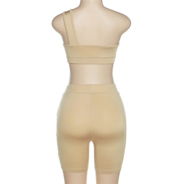 Women's Sexy Hollow Out One Shoulder Low Cut Vest Sports Casual Shorts Set