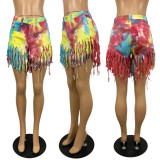 women's tassel transparent bottom tie-dye denim shorts
