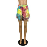 women's tassel transparent bottom tie-dye denim shorts