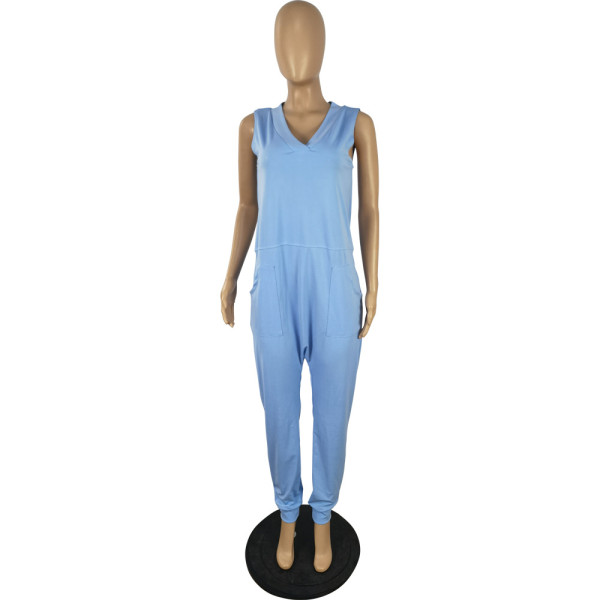 Women's Sleeveless V-Neck Loose Pocket Jumpsuit