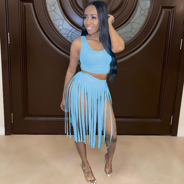 solid color fringed dress nightclub dress two piece set
