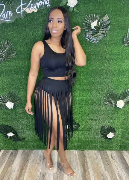 solid color fringed dress nightclub dress two piece set