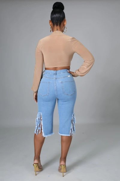 Fringed shredded stretch jeans