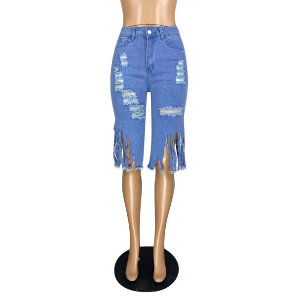Fringed shredded stretch jeans