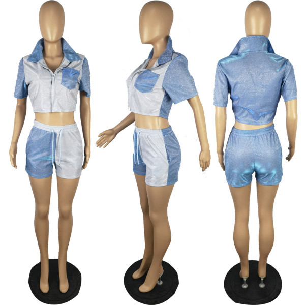 Women's Bright Silk Glitter Composite Fabric Two-Tone Patchwork Short Two-Piece Set