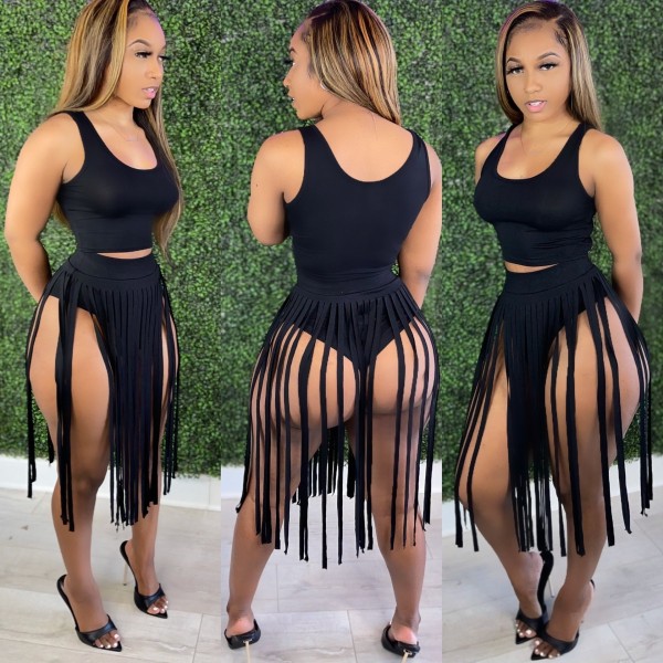 solid color fringed dress nightclub dress two piece set