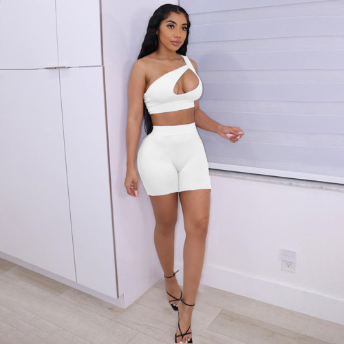 Women's Sexy Hollow Out One Shoulder Low Cut Vest Sports Casual Shorts Set