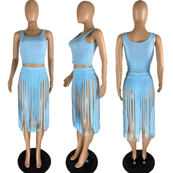 solid color fringed dress nightclub dress two piece set