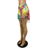 women's tassel transparent bottom tie-dye denim shorts