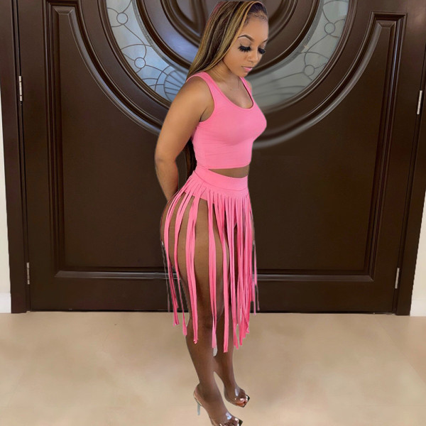 solid color fringed dress nightclub dress two piece set
