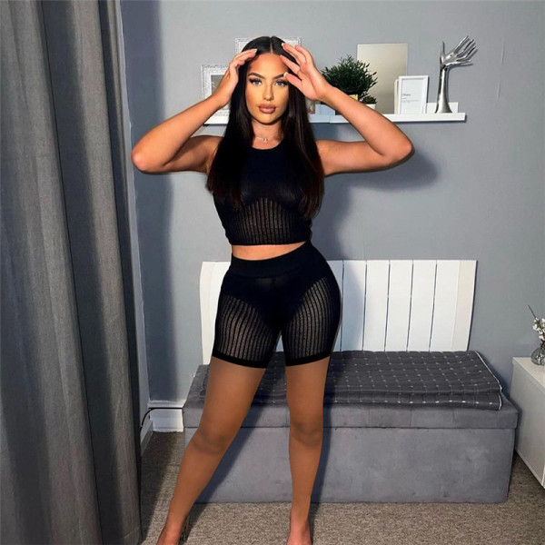 Sexy Perspective Knitted Sleeveless Vest High Waist Bag Hip Show Thin Shorts Suit