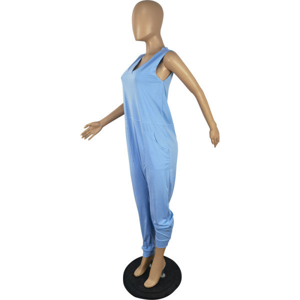 Women's Sleeveless V-Neck Loose Pocket Jumpsuit