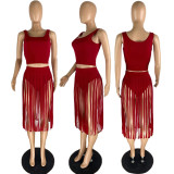 solid color fringed dress nightclub dress two piece set