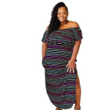 One-way neck milk silk one-step skirt white striped retro short-sleeved temperament with pockets