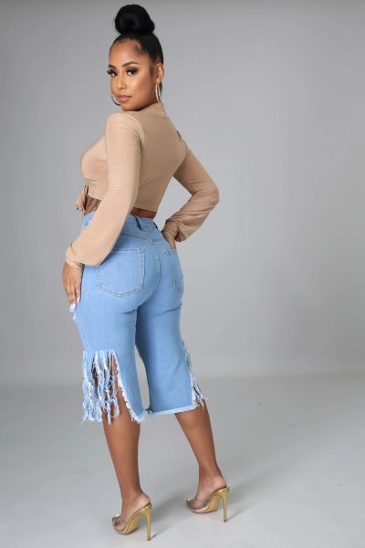 Fringed shredded stretch jeans