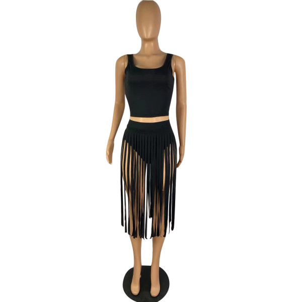 solid color fringed dress nightclub dress two piece set