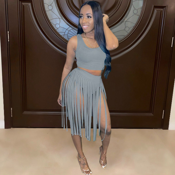 solid color fringed dress nightclub dress two piece set