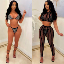 Hot-Drilled Stretch Mesh Bikini Four-Piece Swimsuit