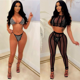 Hot-Drilled Stretch Mesh Bikini Four-Piece Swimsuit