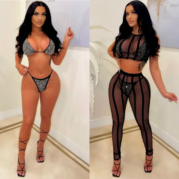 Hot-Drilled Stretch Mesh Bikini Four-Piece Swimsuit