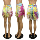 women's tassel transparent bottom tie-dye denim shorts