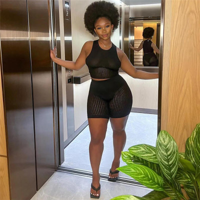 Sexy Perspective Knitted Sleeveless Vest High Waist Bag Hip Show Thin Shorts Suit